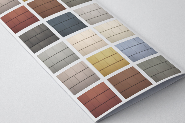 Grid of cedar shingle color samples printed on a brochure page, showing multiple finish colors including reds, grays, tans, yellows, and blues.
