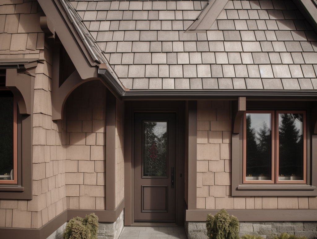Front entry of a home with tan cedar shake siding, dark brown trim, and a dark brown door beneath a shingled gable roof.