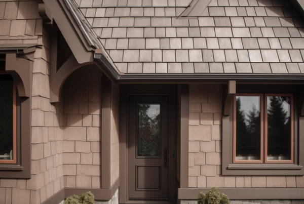 Front entry of a home with tan cedar shake siding, dark brown trim, and a dark brown door beneath a shingled gable roof.