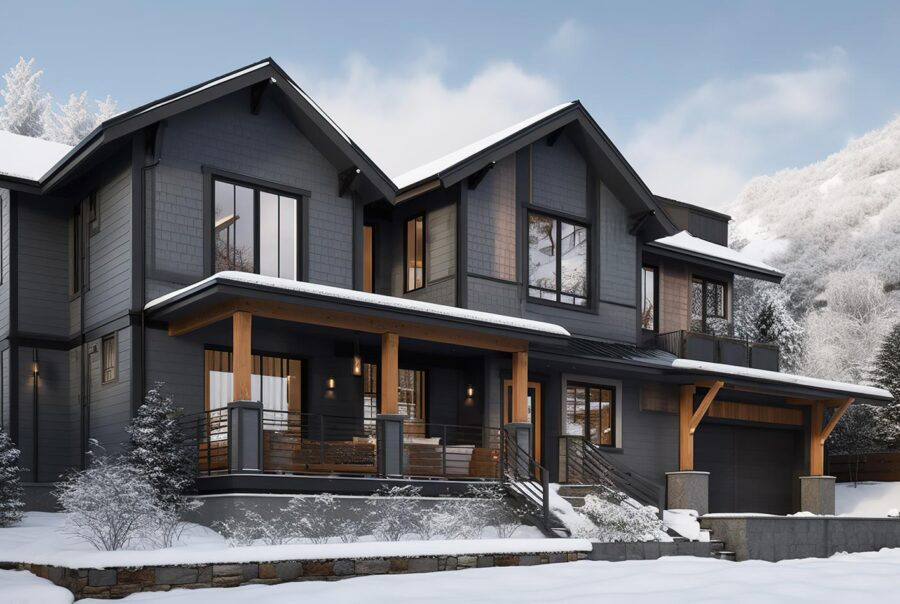 Modern two-story home with dark gray shingle-style siding, black trim, and a covered porch with wood posts, photographed in a snowy winter landscape.