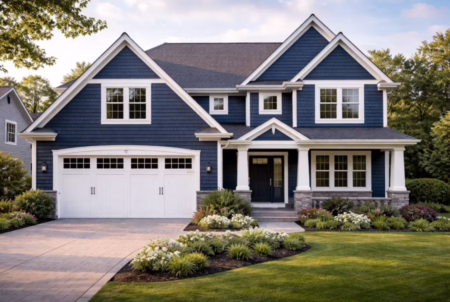 Two-story house with deep blue cedar shingle siding, white trim, and a dark gray roof, viewed from the front in daylight.