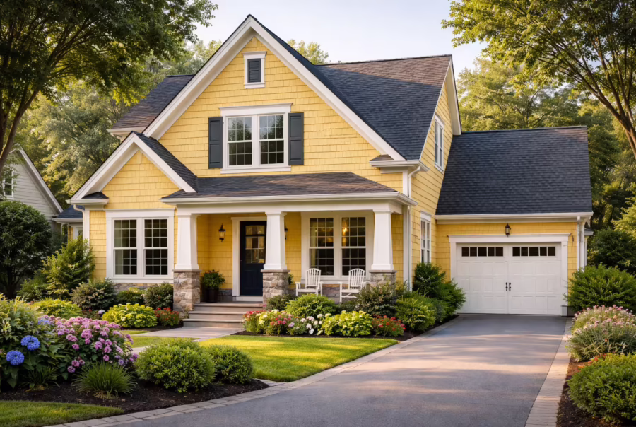 Front view of a yellow cedar shingle siding home with white trim, dark shutters, and a dark gray roof, surrounded by landscaped gardens.
